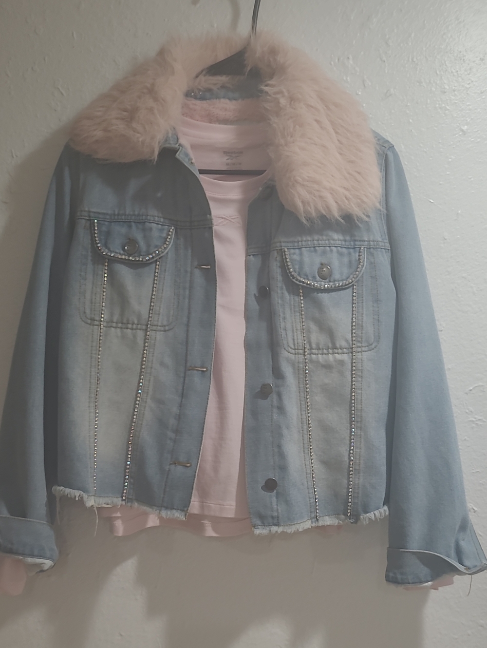 Light Blue Denim Jacket with Pink Faux Fur Collar - Women's Coat